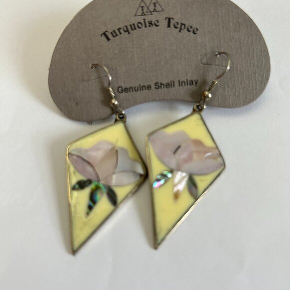 Vintage Mexico Alpaca Silver shell Inlay Abalone hook Earrings pink flowers - Picture 1 of 9